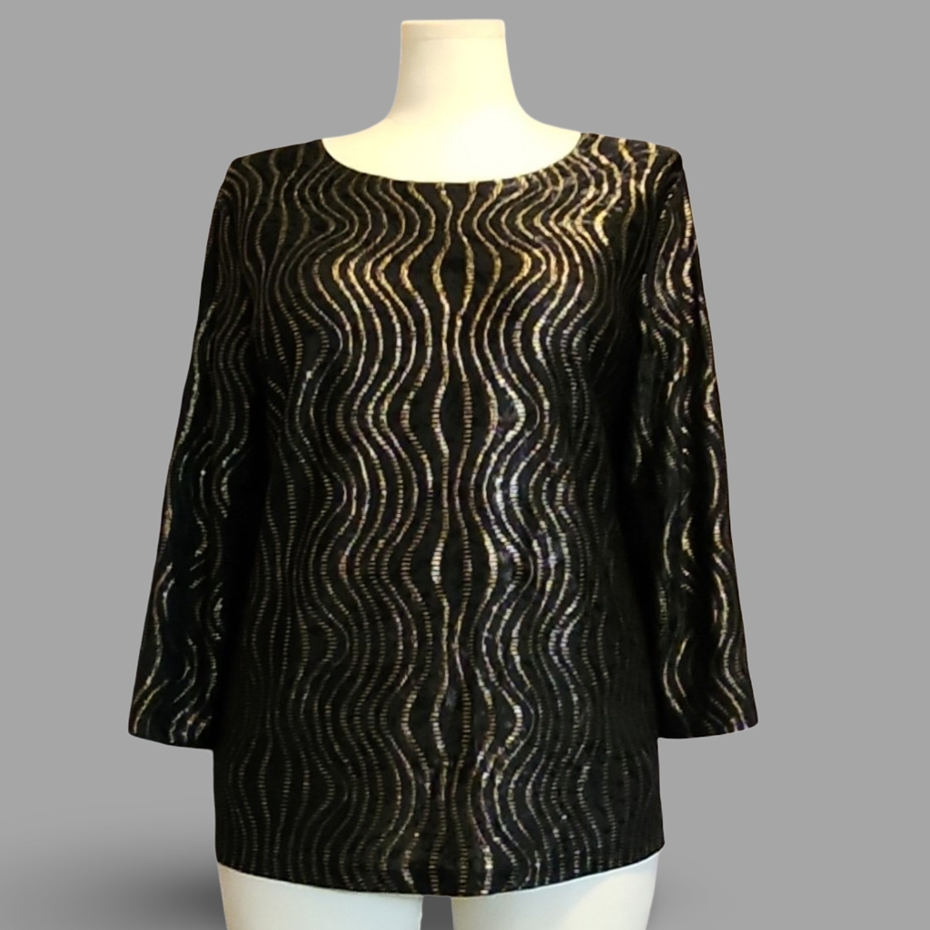Jm Collection Black And Gold Wave Patterned Top Lux Goth Luxury Office Siren